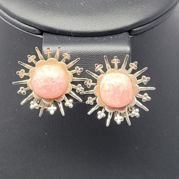 Vintage Jewelry - Vintage 60s Pink Quartz Sunburst Satellite Clip-On Earrings Silver Tone Glam